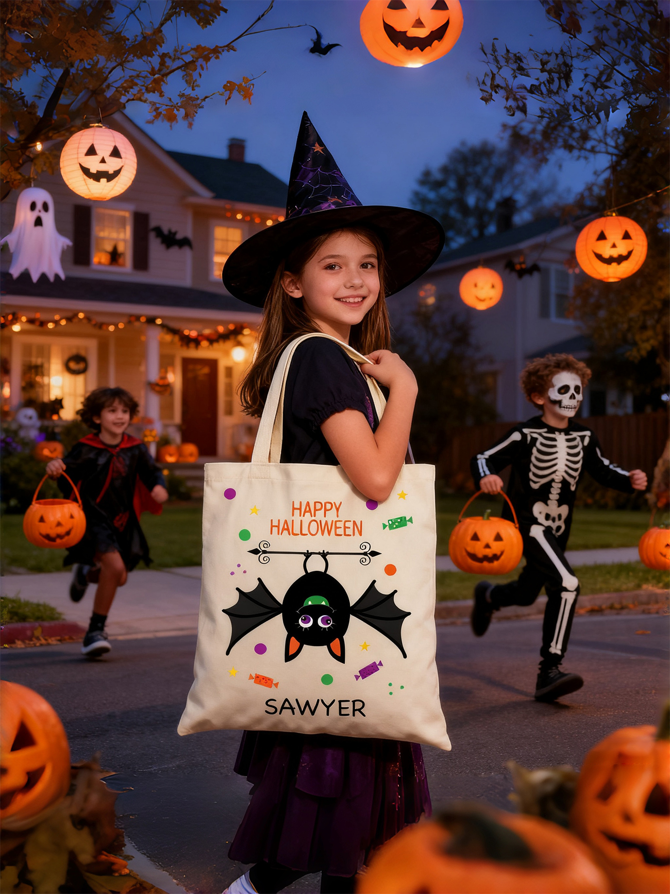 Bat Personalized Halloween Canvas Tote